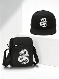 Dragon Pattern Design Printed Set, Unisex Flat Brim Hip-Hop Baseball Cap and Crossbody Bag, Street Fashion Outdoor Sports Hat and Bag