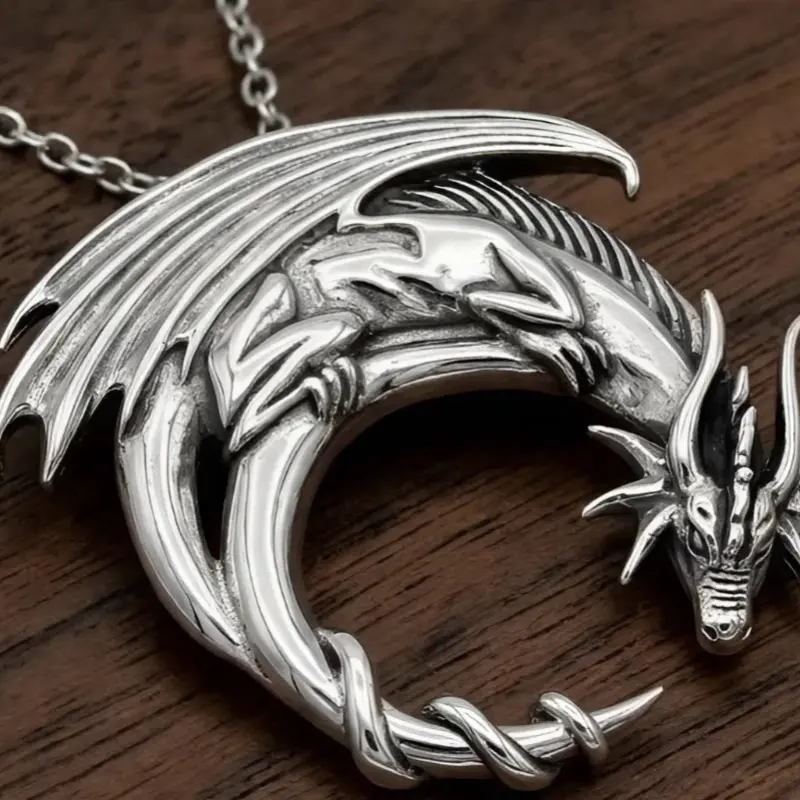 Real Silver Dragon Motif Pendant, Mythical Jewelry Collectible for Fantasy Enthusiasts