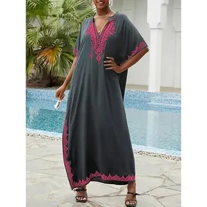 Women's Plus Size Kaftan Dress - Viscose 100% V-Neck Long Beach Caftan with Embroidery, Loose Fit Pullover Swimsuit Coverup for Summer Outings