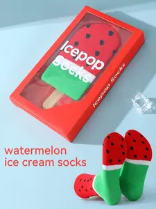 Watermelon Flavor Ice Cream Gift Socks, Cartoon Food Theme Packaging Design, Soft Comfortable All Season Socks, Ideal for Birthday Party