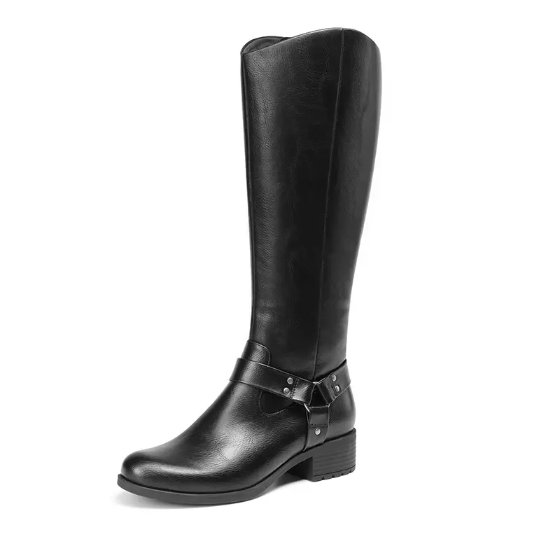 Dream Pairs Women's Knee-High Boots - Stylish Moto Riding Shoes with Side Zipper, Stretch Panel, and Low Chunky Heel, Shoe, Footwear, Padded, Statement Shoes