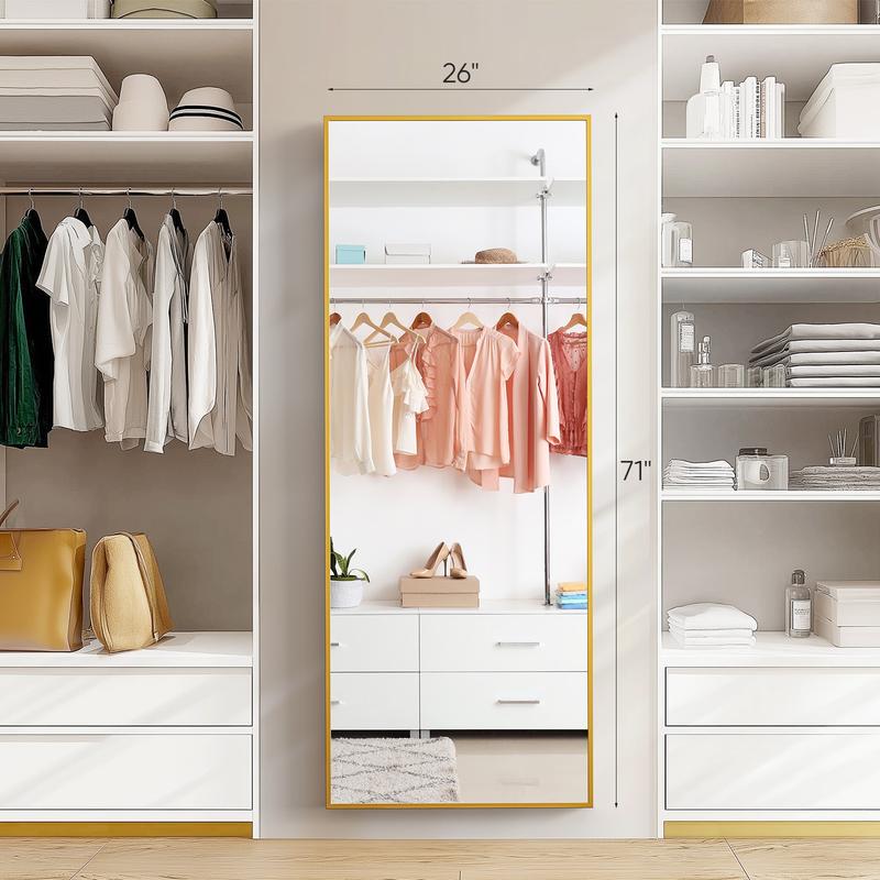 71" Full-Length Mirror with Stand - Freestanding/Wall-Mounted Floor Mirror, Shatterproof Nano Glass & Aluminum Frame, Right Angle/Rounded Corners (Gold/Black)