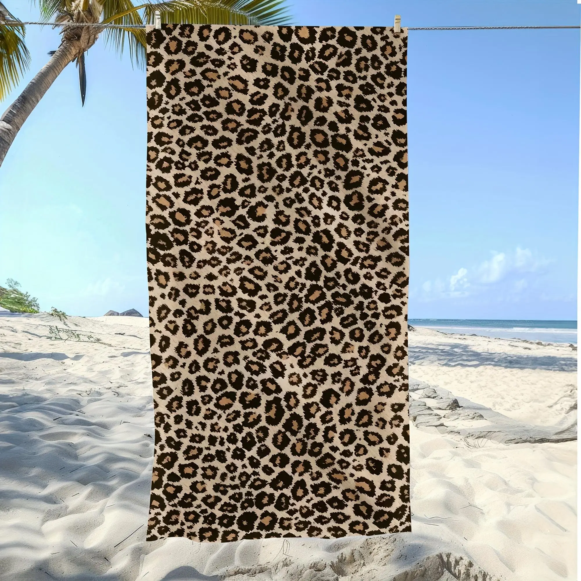 A Single Modern Beach Towel for Women Featuring a Leopard Print, Ultra-Fine Fiber. It Is, Thick, Exceptionally Soft, Highly Absorbent, Quick to Dry, Durable, And Easy to Carry, Making It Ideal for Summer Beach Trips