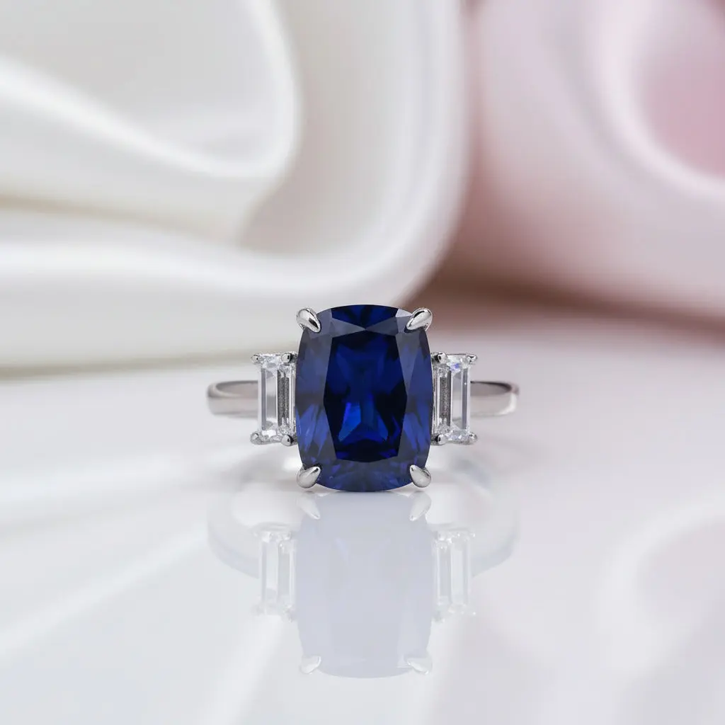 Gorgeous Blue Sapphire Cushion Cut Three Stone Engagement Ring