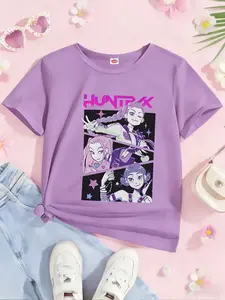 K-Pop Demon Hunters Girls' T-Shirt, Huntrix Cartoon Print, Kids Casual Wear, Soft Fabric, Trendy Fashion Style