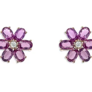Oval Flower & Diamond Stud Earrings – 18k Gold