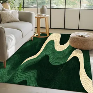 Soft, non-slip rubber backing, deep green and beige wavy lines interwoven, modern minimalist Living room rug, Home Decor Rugs, easy to clean, suitable for hallway, living room, kitchen, bedroom, Machine Washable Rugs