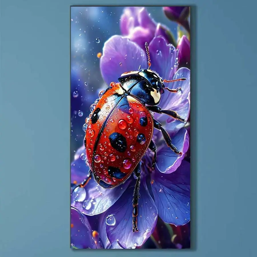 5D DIY Full Drill Round Diamond Painting - Diamond Art Kit Ladybug, Purple Flower, Dew Mosaic, Canvas - DIY Decorative Painting, Home Wall Decor, Suitable for Halloween and Christmas, Birthday and Anniversary Gifts