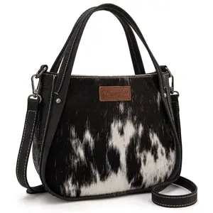 Wrangler Genuine Hair-On Cowhide Tote/Crossbody Bag with Adjustable Strap Floral Tooling & Top Zipper Closure Shoulder Bag Leather Satchel