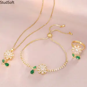 2026 New 3Pcs Green Leaf & Sunflower Jewelry Set, Zircon Necklace Ring Bracelet,  Fashion Clavicle Chain Set