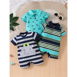 3pcs Baby's Casual Short Sleeve Romper Set, Turndown Collar & Crew Neck Bodysuit, Toddler & Infant Boy's Summer Outdoor Clothing