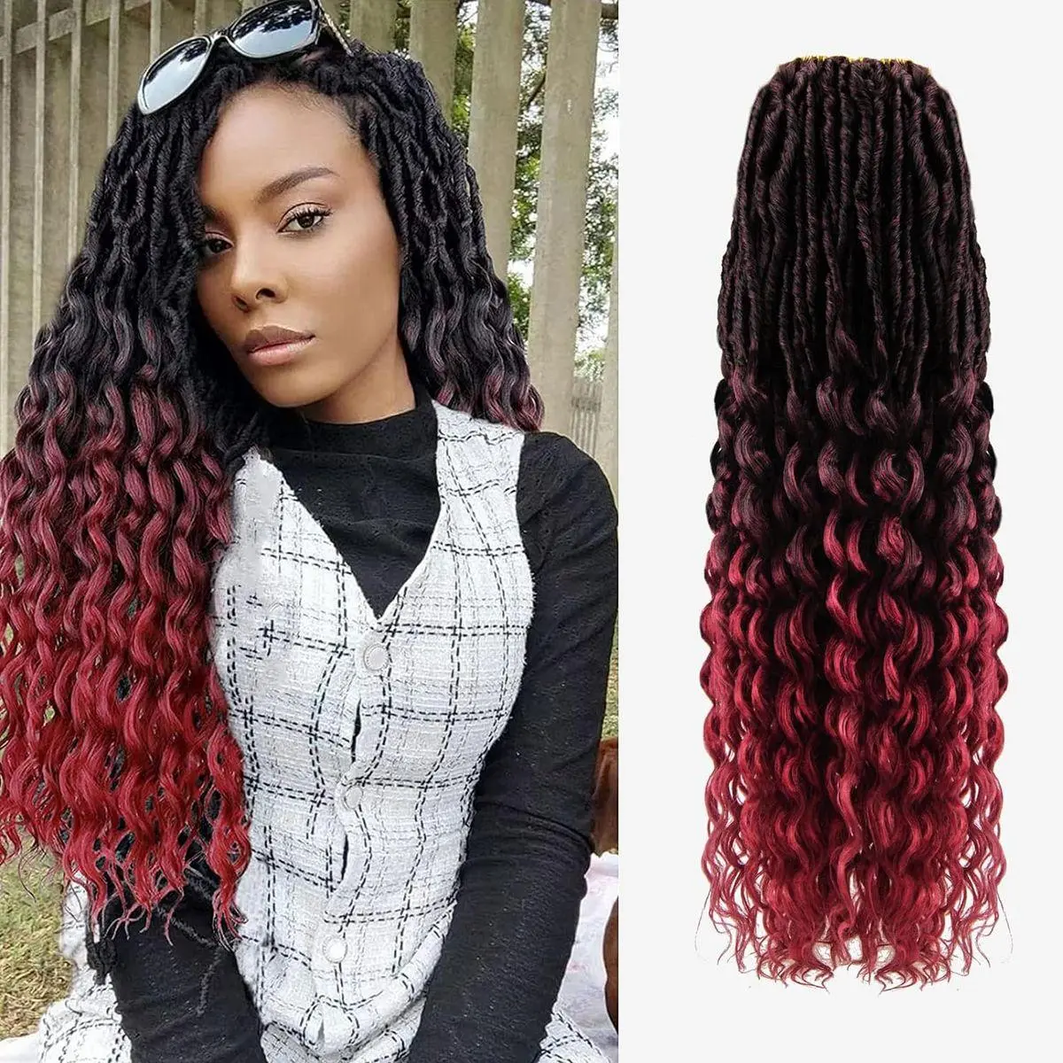 Deep Wave Faux Locs Crochet Hair for Black Women,24 Inches 8 Packs 112 Strands,Pre Looped Ombre Burgundy Synthetic Hair Extensions,Soft Goddess Locs Braids with Wavy Curly Ends(24"-8P,T1B/Bug)