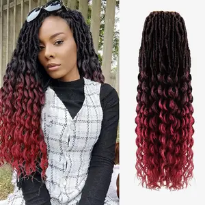 Deep Wave Faux Locs Crochet Hair for Black Women,24 Inches 8 Packs 112 Strands,Pre Looped Ombre Burgundy Synthetic Hair Extensions,Soft Goddess Locs Braids with Wavy Curly Ends(24"-8P,T1B/Bug)