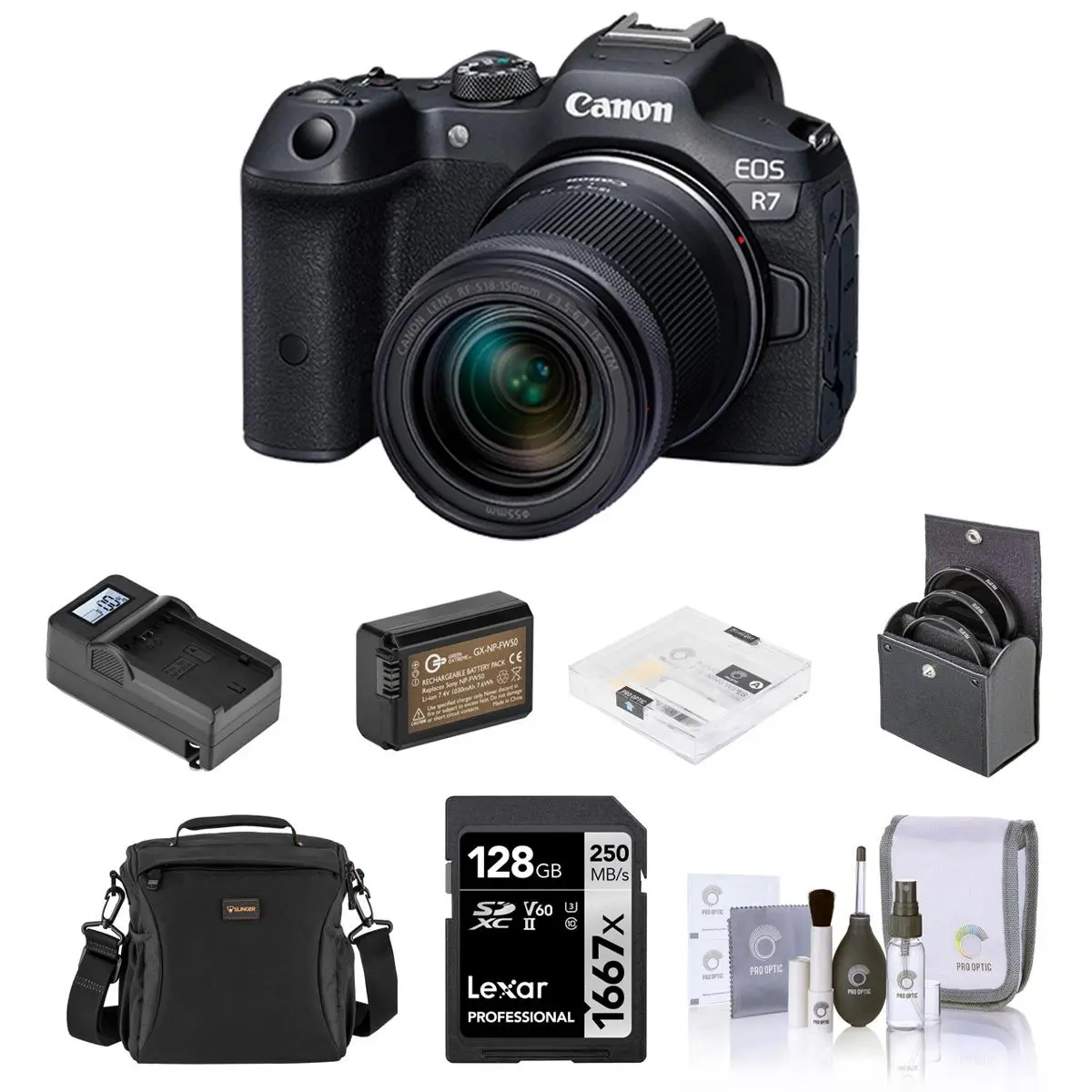 Canon EOS R7 Mirrorless Camera with RF-S 18-150mm f/3.5-6.3 Lens, Bundle w/Extra Battery, Smart Charger, 128GB Memory Card, Shoulder Bag, 55mm Filter Kit, Screen Protector & Cleaning Kit