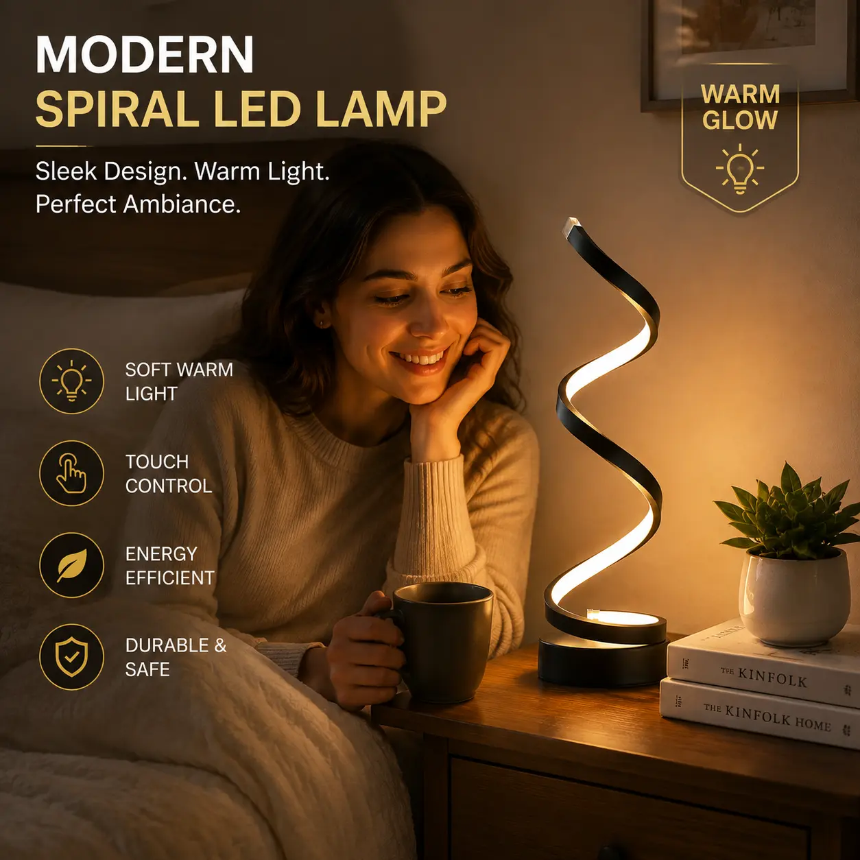 Modern Spiral LED Table Lamp - Dimmable USB Bedside Light with 3 Color Modes, Brightness Adjust, Decorative Ambient Lamp for Bedroom Home Decor Light