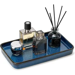 10"×6"×1" Ceramic Decorative Vanity Tray Organizer for Bathroom Kitchen Countertop Dresser Toilet, Kiln-Transformed Blue