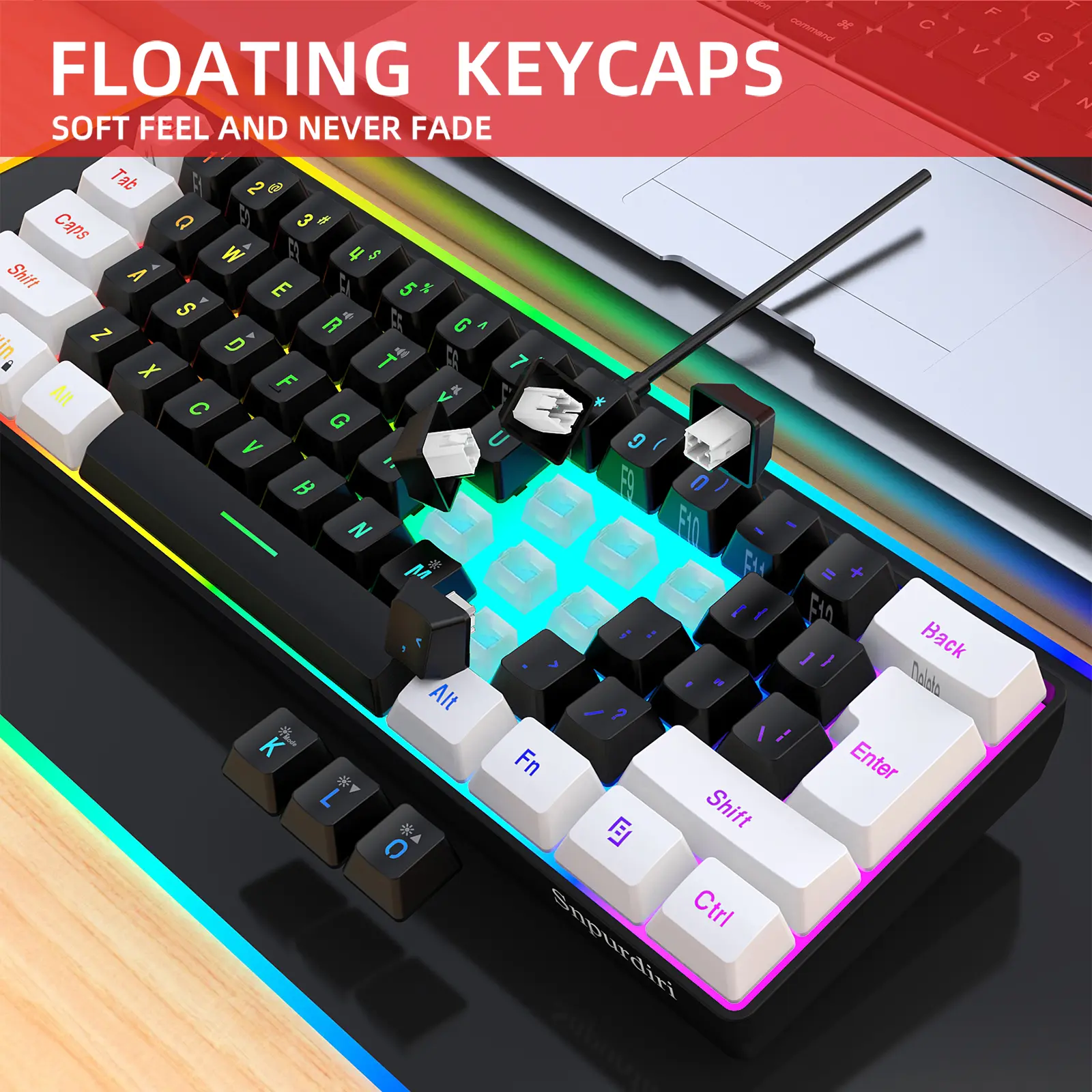 Snpurdiri 60% Wired Gaming Keyboard, Small RGB Backlit Membrane Gaming ...