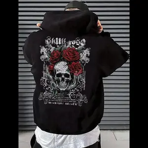 Men's flower and skull print off shoulder hooded sweatshirt, fashionable and casual regular fit drawstring pocket hooded sweatshirt, suitable for daily vacation outdoor wear, autumn and winter men's clothing