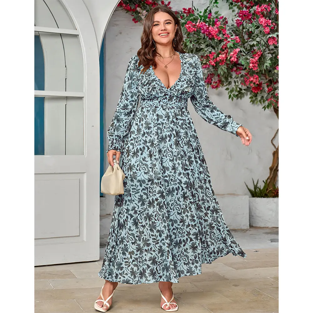 EYWOL Plus Size Curvy Boho Maxi Dress - All Over Print Deep V Neck Long  Sleeve, Slit