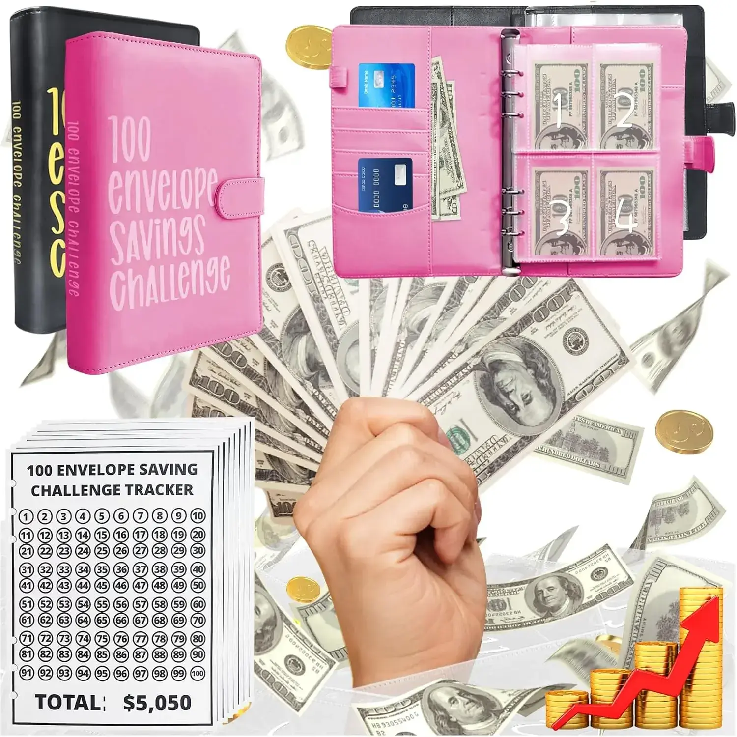 Rectangular Plastic PVC Waterproof Personal Finance Binder for Family - 25 Pre-Printed Envelopes, $5,050 Money Saving Challenge, 4 Tracking Sheets, Portable Office Stationery, Reusable, Practical (Black+Red)