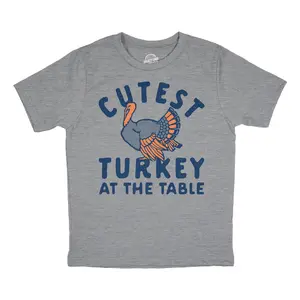 Youth Cutest Turkey At The Table T Shirt Funny Cute Thanksgiving Dinner Joke Tee for Kids Funny T Shirts Thanksgiving Tops for Kid Novelty Tees for Kids Light Grey