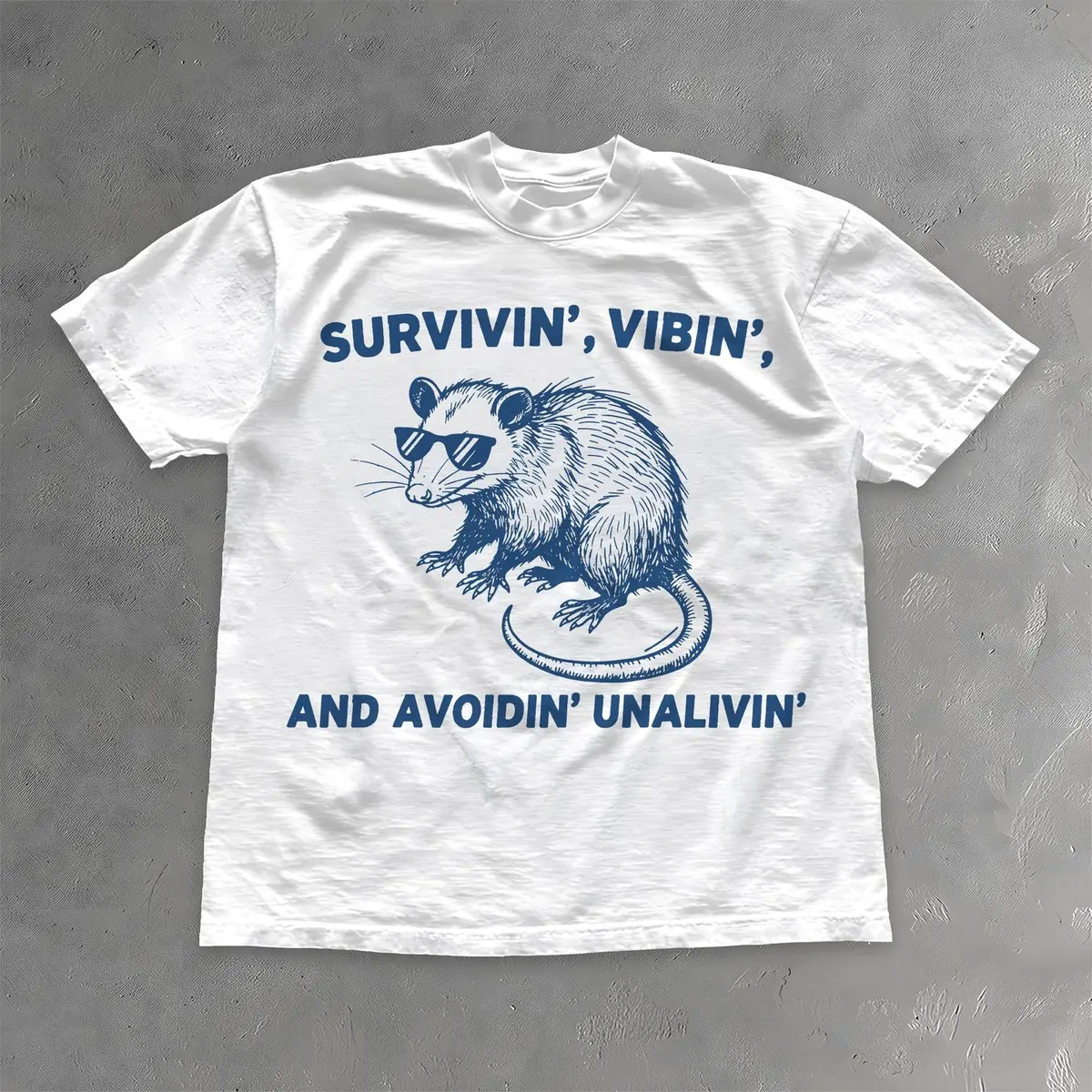 Women's Funny Possum T-Shirt, 'Survivin' Vibin'' Graphic Print Cotton Tee, Casual Shortsleeve Round Neck Top with a Comfortable Relaxed Fit, Unisex Cut, Soft Cotton, Short Sleeve, Crew Neck, Loose-Fitting