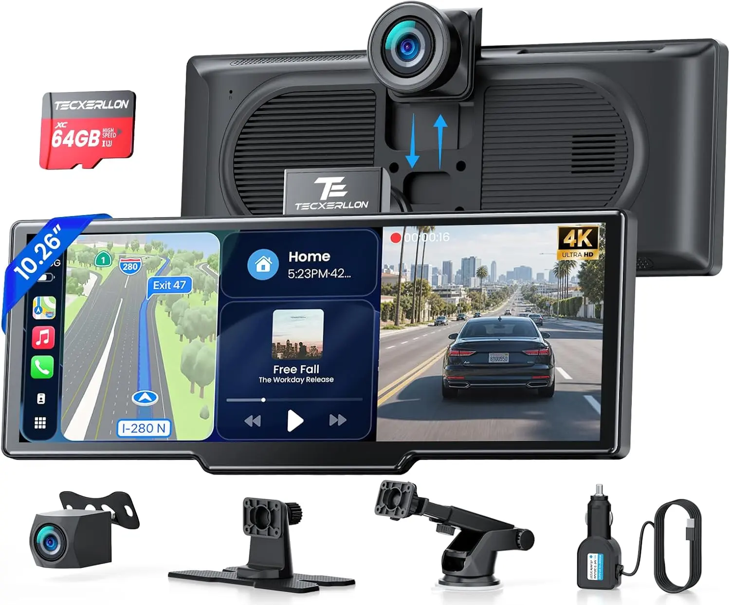 10.26" Portable Apple CarPlay Screen for Car, Wireless Car Play & Android Auto, 4K Dash Cam and 1080P Backup Camera, OTA, GPS Navigation, Voice Control, Mirror Link
