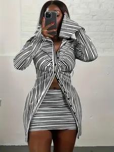 Women's Striped Print Ruched Split Sleeve Shirt & High Waist Skirt Set, Lady Button Front Collared Top & Bodycon Skirt Set for Fall, Outfit Sets for Women, Women's Clothes for Daily Wear, Womenswear, Matching Clothing SetGift