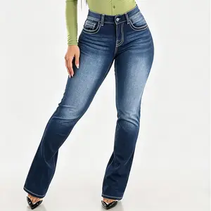 Women's High-Waisted Stretchy Wide-Leg Jeans Flared Bootcut Denim with Pockets Tummy Control & Butt-Lifting Fit Distressed Details Mid-Waist Hip Lift Straight Leg Jeans