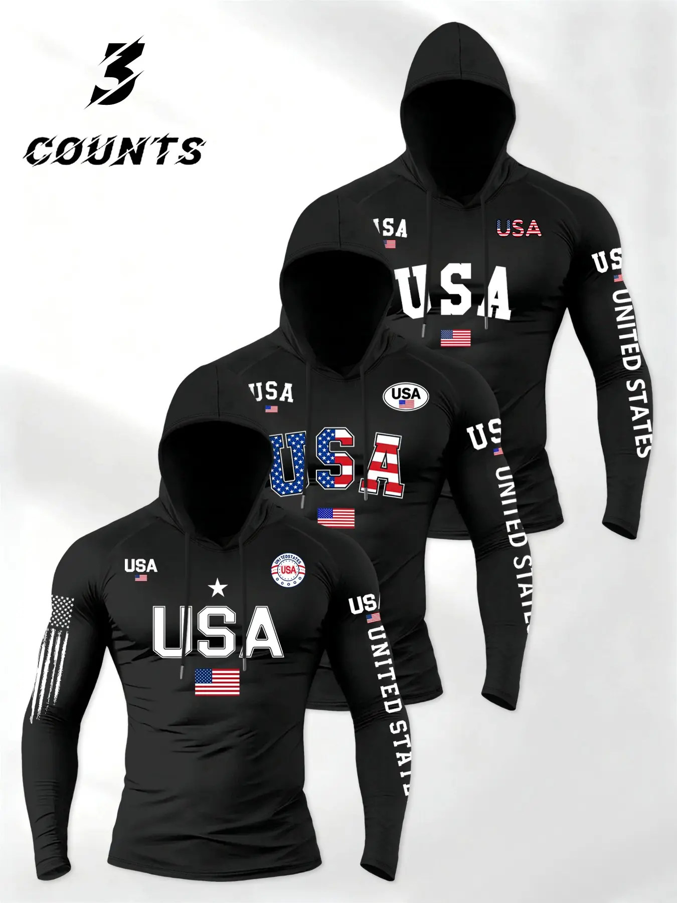 Men's Hooded Drawstring Knit T-Shirt, Comfortable Casual Long Sleeve, Usa Flag Print Design, All Seasons Wear, All Season Activewear, Athletic Fashion Activewear, Sporty Fitted Style, Athletic Sports Clothing, Casual Athletic Apparel