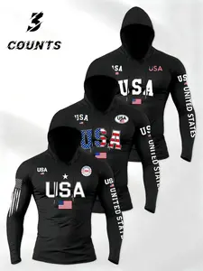 Men's Hooded Drawstring Knit T-Shirt, Comfortable Casual Long Sleeve, Usa Flag Print Design, All Seasons Wear, All Season Activewear, Sporty Fitted Style, Athletic Sports Clothing, Casual Athletic Apparel