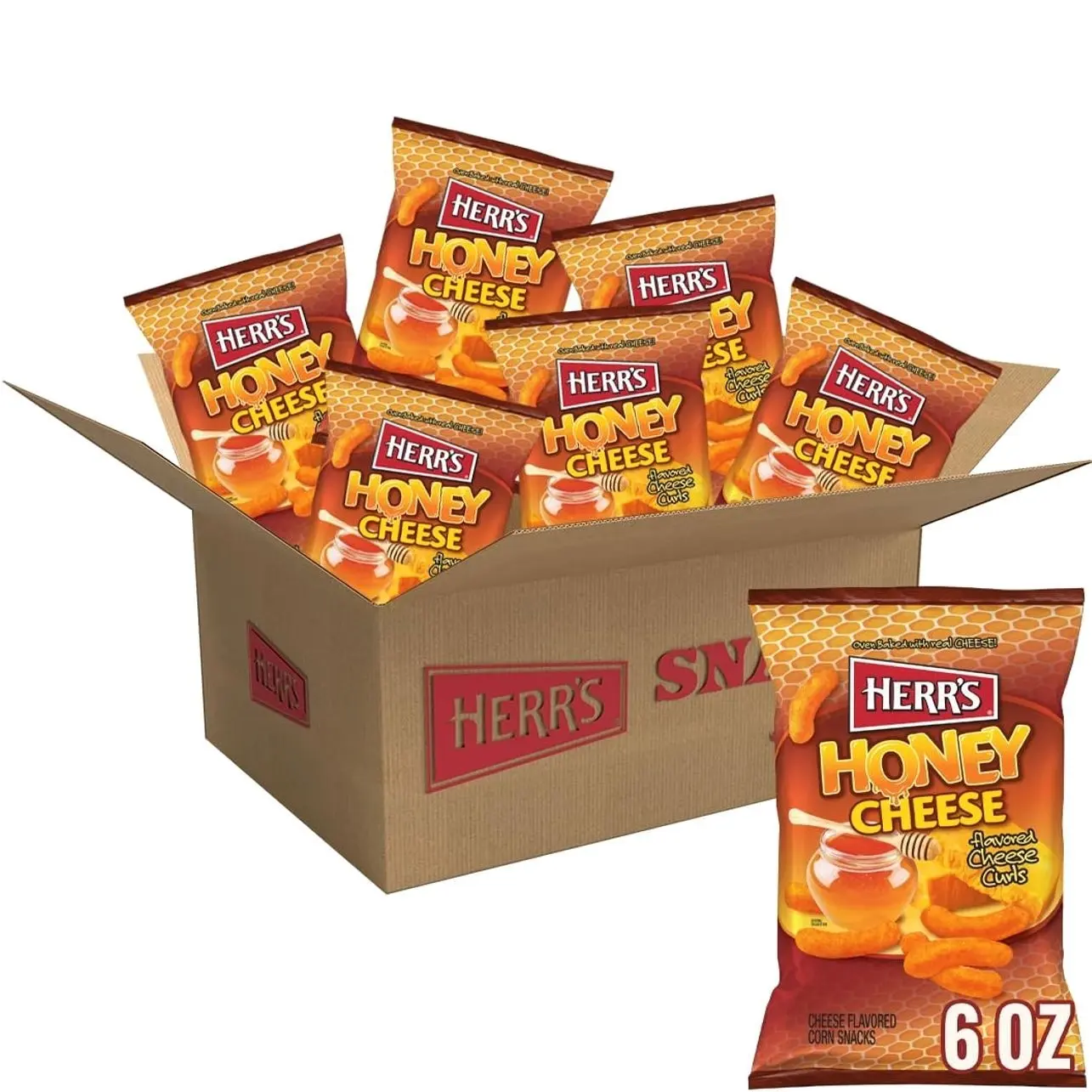 Herr’s Cheese Curls, Honey Cheese Flavored, Gluten Free Snacks, 6oz Bag (6 Count)