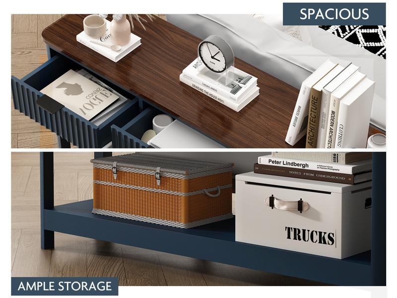 PieDle Furniture Fluted Console Table with Drawers, Modern 47.1" Entryway Table with Storage Shelf, Boho Narrow Skinny Behind Couch Wood Sofa Table for Living Room Hallway Entrance Foyer