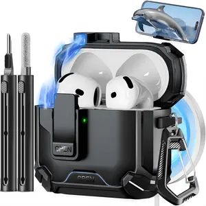 AirPods 4 Case 2024 MagSafe Compatible Protective Cover with Magnetic Auto Lock, Built-in Phone Stand & Cleaning Kit, Shockproof Anti-Scratch Durable Case for Apple AirPods 4th Generation, Black