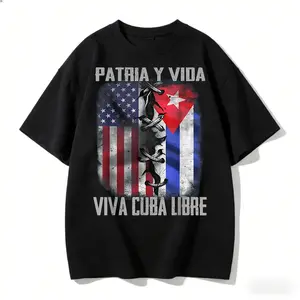Women's Casual Vintage Ribbed Seamless Elastic Cuban Cotton Knit Fabric T-Shirt - Loose Fit, Short-Sleeve, Solid, Round Neck Top with Patria Y Vida Viva Cuba Libre Slogan