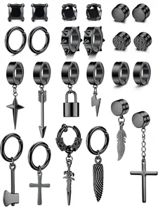 24 Pieces Stainless Steel Fake Earrings Clip-on Earrings for Men Cross Pendant Hoop Earrings Non-Piercing Huggie Hoop Earrings Black Earrings for Men and Women, High Quality Earrings Cross Dangle Earring, Non Piercing Jewelry Casual Earring Clip