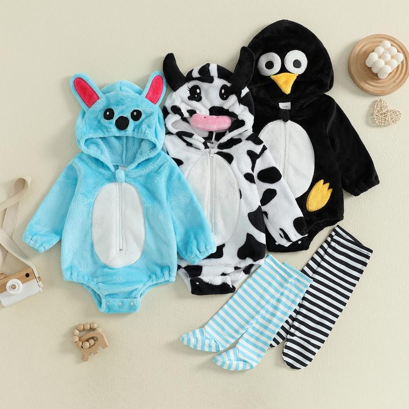 Baby Costume Romper with Stockings 2 Pcs Set Cute Zip Up Hooded Cow/Penguin/Monster Costume for Fall & Halloween