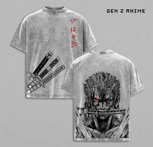 Zoro "Three Sword Style" OP Washed Oversized T-shirt | Vintage Anime Graphic Double Printed Tee | Heavyweight Cotton Manga Streetwear | Otaku Fashion Top for Pirate Hunter Fans