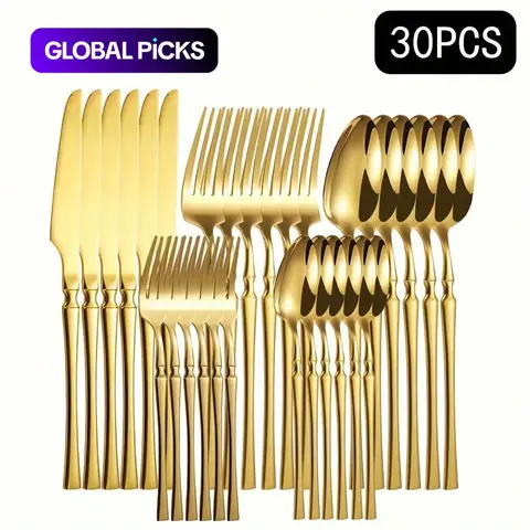 Stainless Steel Kitchen Cutlery Set, Kitchen Dining Utensils, 30-Piece, Including Knives, Forks, Spoons, Dessert Spoons and Dessert Forks, Dinnerware Set for Home & Restaurant Use, Utensil Set #GLOBAL PICKS