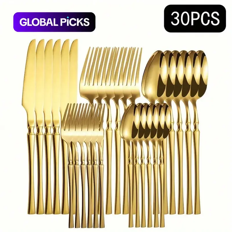 Stainless Steel Kitchen Cutlery Set, Kitchen Dining Utensils, 30-Piece, Including Knives, Forks, Spoons, Dessert Spoons and Dessert Forks, Dinnerware Set for Home & Restaurant Use, Utensil Set #GLOBAL PICKS