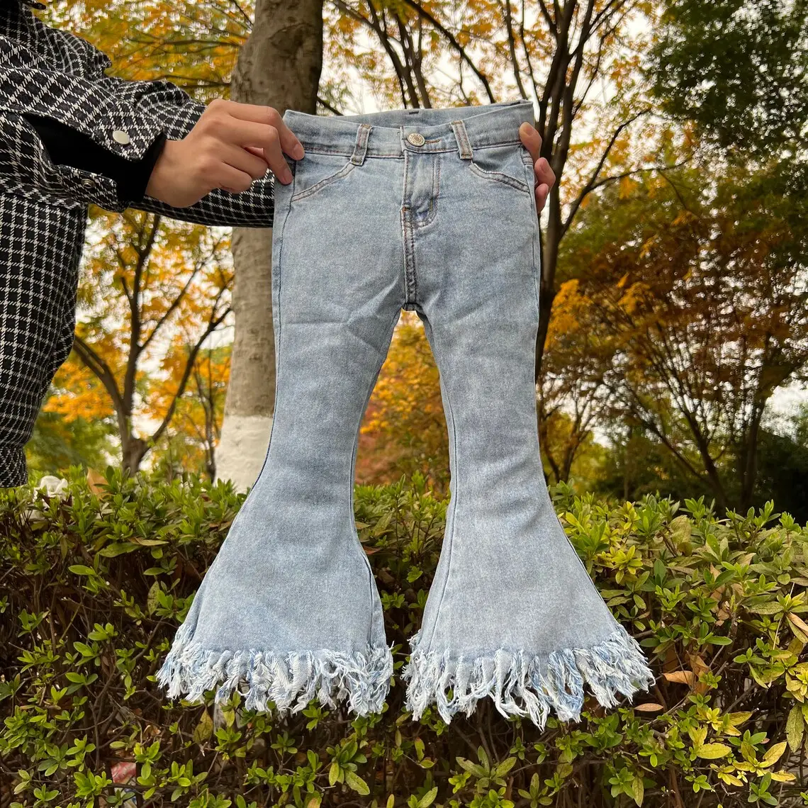 toddler girl bell bottom jeans blue tassel denim pant winter pant adjustable waist party wear