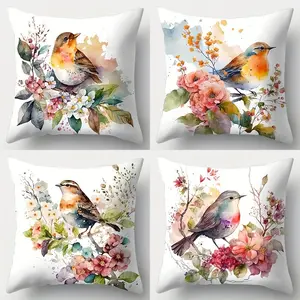 Vibrant Bird and Floral Decorative Pillow Covers, Set of 4, Hidden Zipper, Easy to Clean, Suitable for Bedroom, Living Room, Sofa, Car, Home Decoration