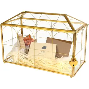Wedding Glass Cards Box with Slot - 12.6 x 5.9 x 9 inch, Envelope Card for Birthday Party Reception Box,  Tabletop Decor Clear  Terrarium with Lock Glass Terrarium