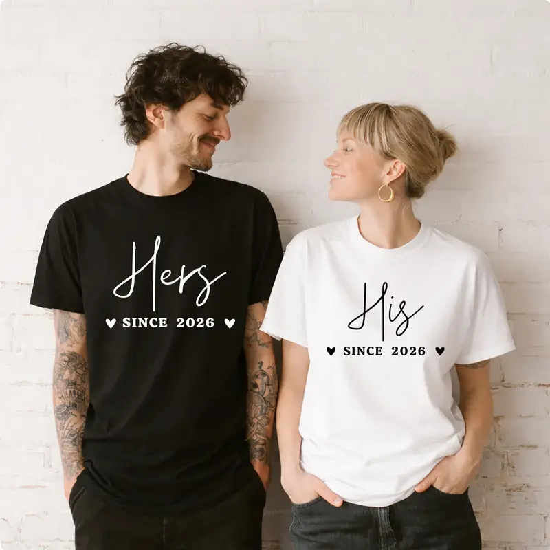 Couple's Valentine "Hers & His Since 2026" Matching T-Shirt Set Daily Casual Wear Fashion Top Soft Comfortable Fabric Relationship Anniversary Vibe Pattern