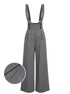 GRAY 1940S GLEN PLAID BUTTONED OVERALL PANTS Casual Womenswear Fitted Basic