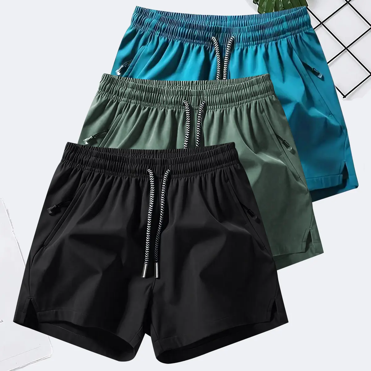 Men's Solid Color Casual Shorts Three-Piece Set, With Zipper Pockets, Summer Fashion Drawstring Sports Shorts, Suitable For Gym And Outdoor Wear Men's Solid Color Casual Shorts Three-Piece Set, With Zipper Pockets, Summer Fashion Drawstring Sports Shorts, Suitable For Gym And Outdoor Wear