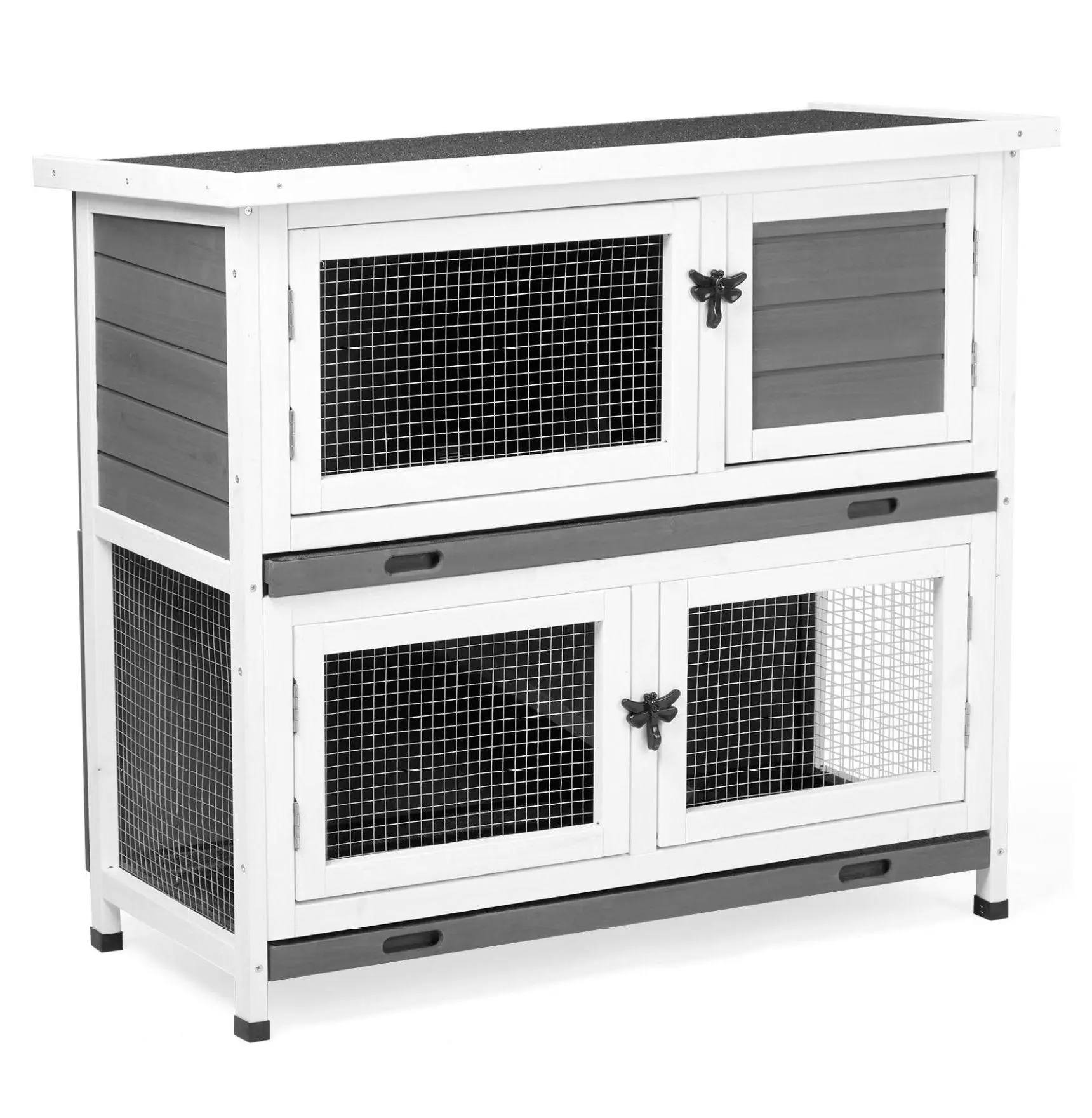 Rabbit Hutch 2 Story Solid Wood Bunny Cage - Indoor Outdoor Pet House for Guinea Pigs & Small Animals with Removable Trays, Grey default title