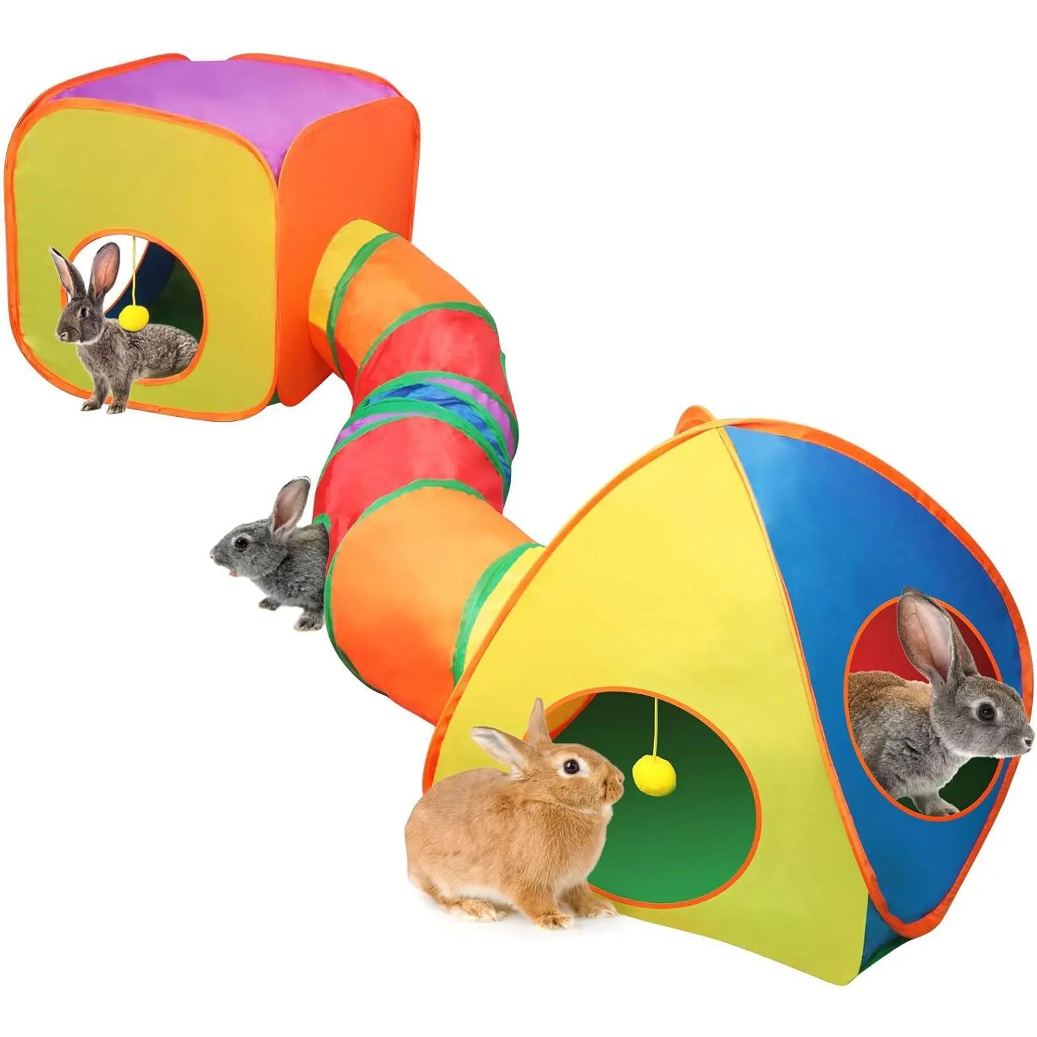 Rabbit Tunnel and Cube Collapsible Tent Bunny Interactive Crinkle Tunnel Toys Small Animal Hideout with Play Ball for Dwarf Rabbit Bunny Guinea Pig (Rainbow)