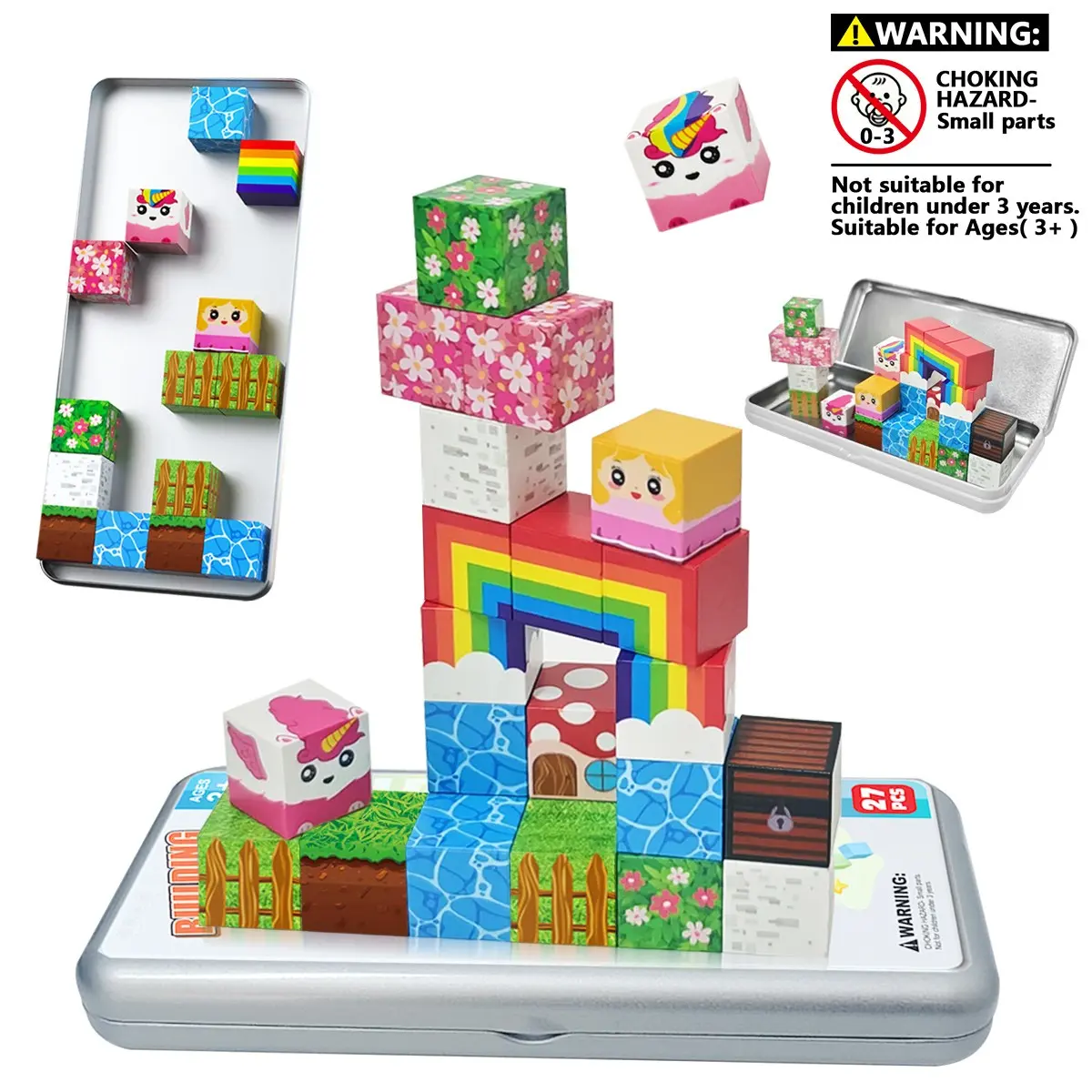 Rainbow Unicorn Iron Box Magnetic Building Blocks Set, Rainbow Unicorn Theme, 27pcs Magnetic Block Stacking Toys, Magnetic Building Set, Magnetic Construction Set, Suitable for Halloween and Christmas Gifts for Children Aged 3 and Above