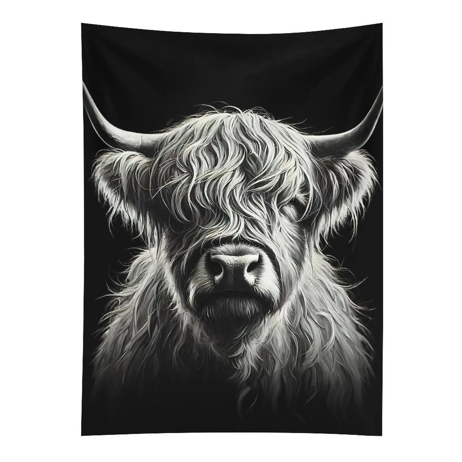 Black White Highland Cow Portrait Tapestry Rustic Farmhouse Wall Decor